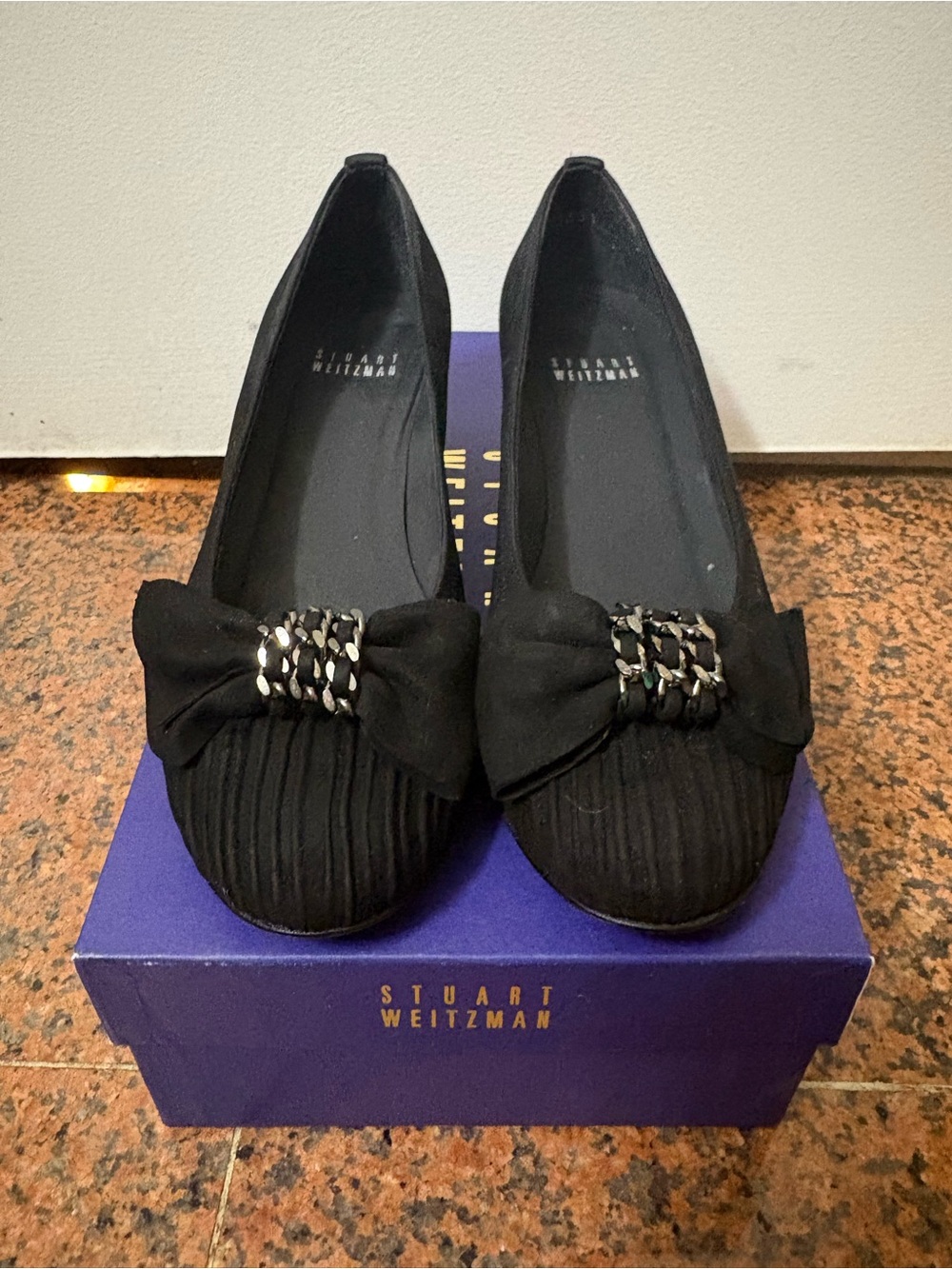 Stuart Weitzman Black Bow-Front Flats with Braided Accent